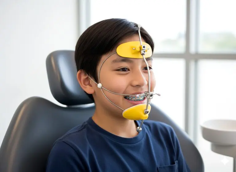 Boy with braces and reverse-pull headgear appliance, sitting in a dental chair - Top Reverse Pull Headgear Braces in Fort Myers, Cape Coral or Lehigh Acres, FL