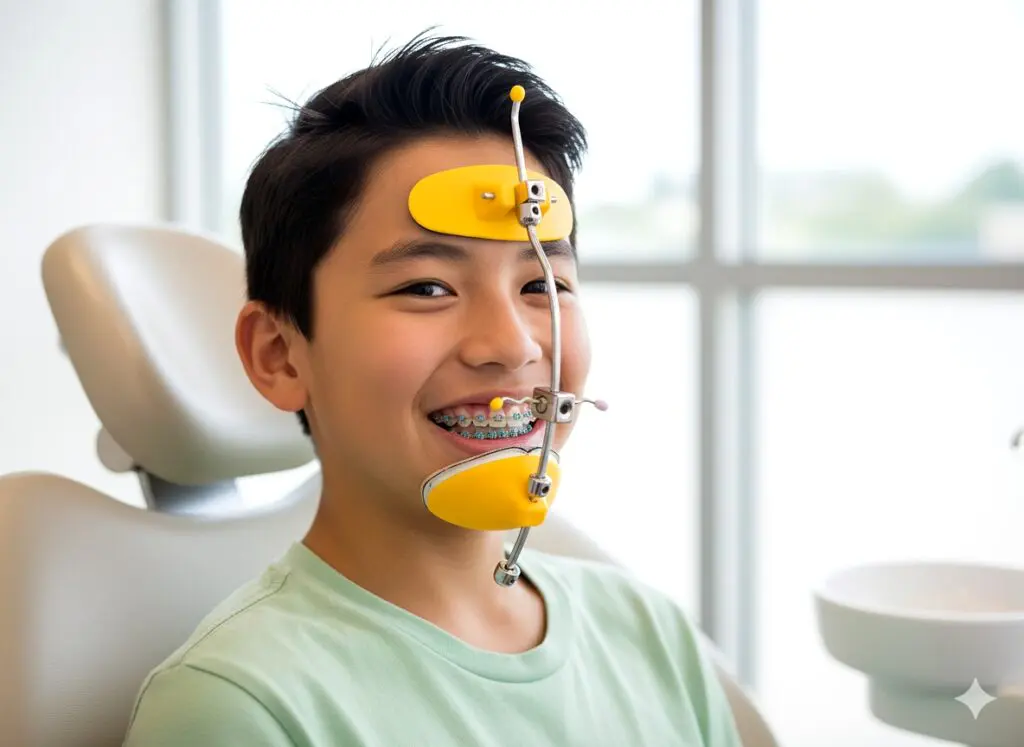 Boy with braces and orthodontic face mask appliance, smiling during dental visit - Top Reverse Pull Headgear Braces in Fort Myers, Cape Coral or Lehigh Acres, FL. 