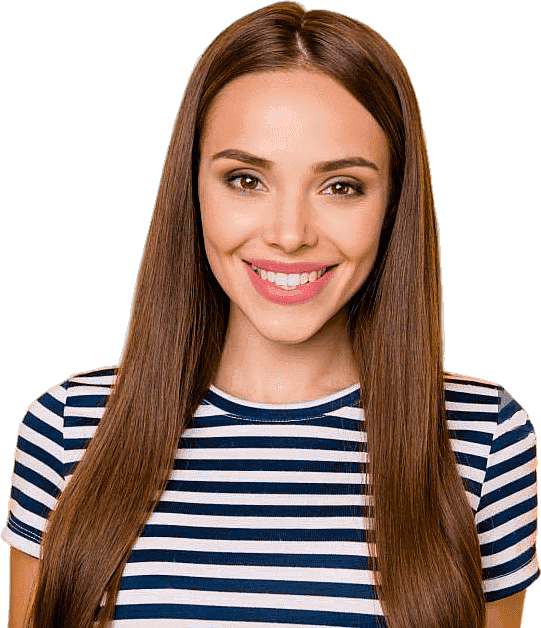 A woman with long straight brown hair, dressed in a navy and white striped shirt, smiles at the camera against a plain background an image representing Levine Orthodontics in Fort Myers, Cape Coral or Lehigh Acres, FL.