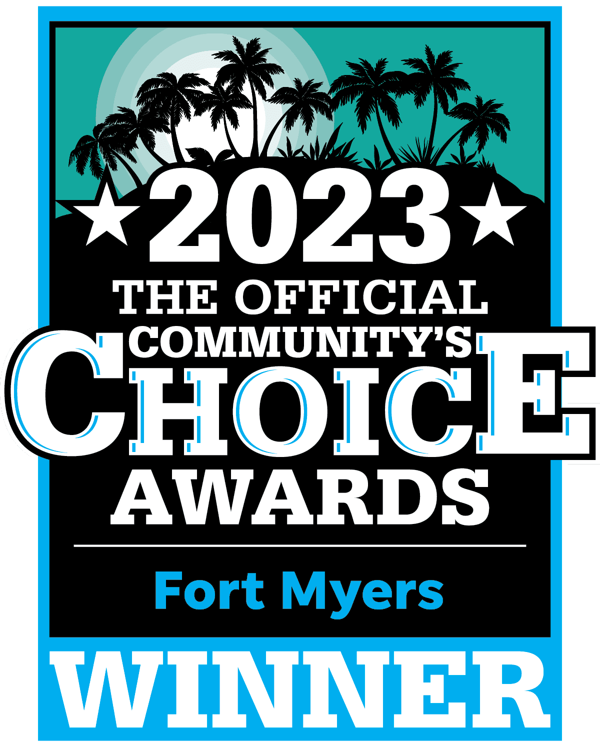 Levine Orthodontics, located in Fort Myers, Cape Coral, or Lehigh Acres, FL, received the 2023 Official Community’s Choice Awards winner badge—featuring palm trees and a sunrise in the background.