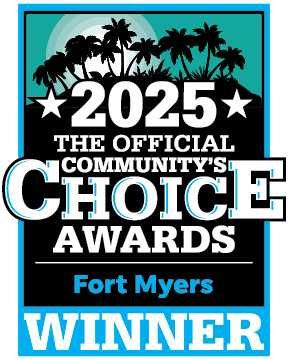Your Choice Awards Logo Official 2025 Community's Choice Awards WINNER logo with palm trees and sunset, featuring Levine Orthodontics in Fort Myers, Cape Coral or Lehigh Acres, FL.