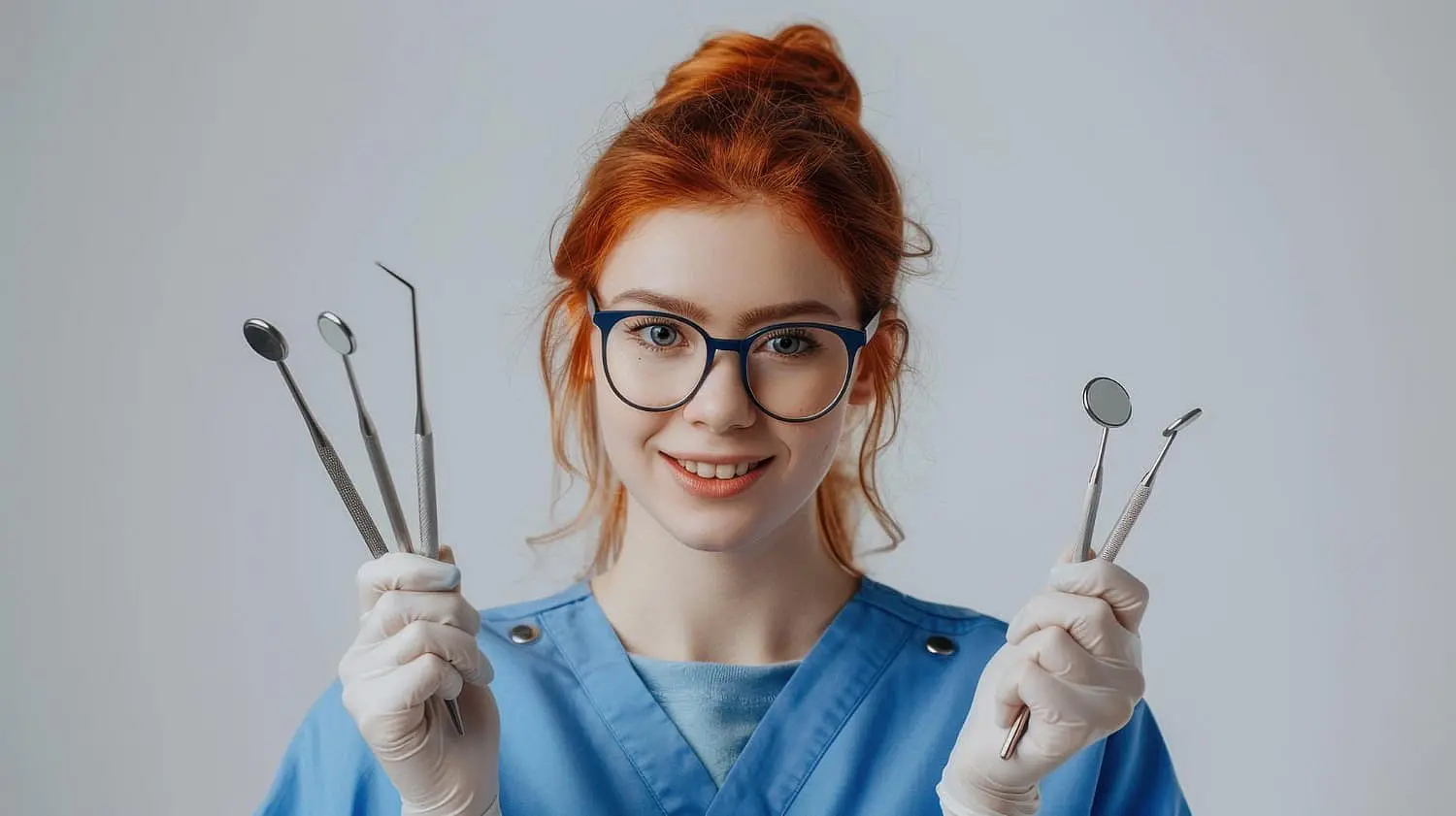 In Fort Myers, Cape Coral or Lehigh Acres, FL, a person in a blue scrub uniform and glasses smiles at the camera while discussing orthodontic insurance plans at Levine Orthodontics.
