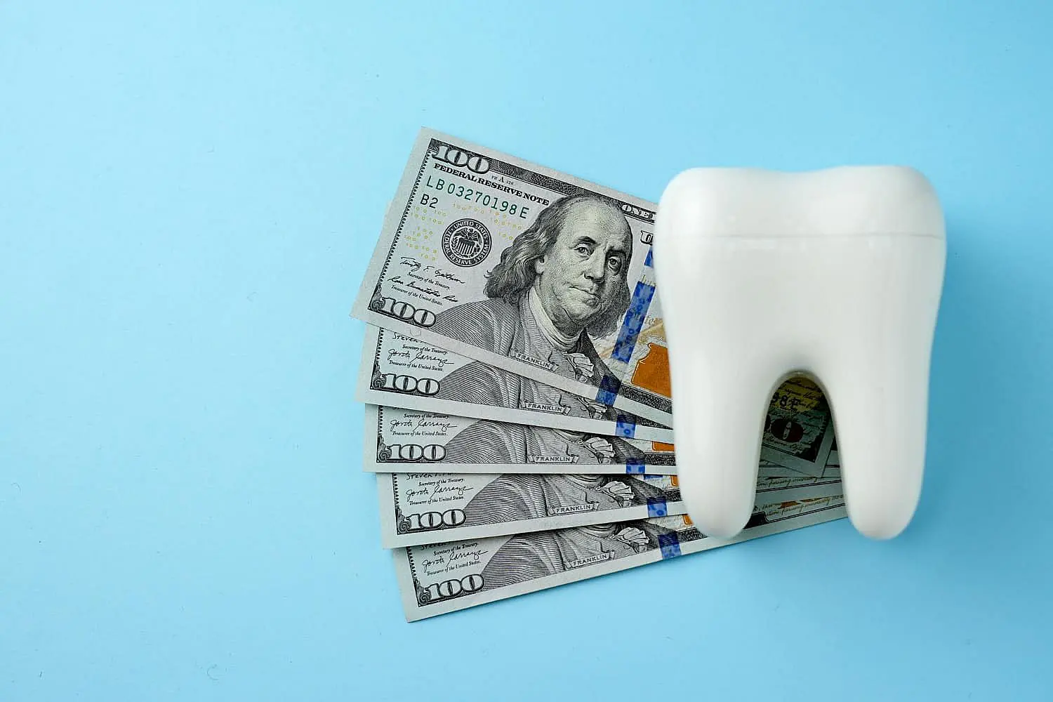 Beside a tooth-shaped object and five spread-out U.S. hundred-dollar bills on a light blue background, Levine Orthodontics in Fort Myers, Cape Coral or Lehigh Acres, FL, highlights the cost and orthodontic Insurance considerations tied to orthodontic treatments.