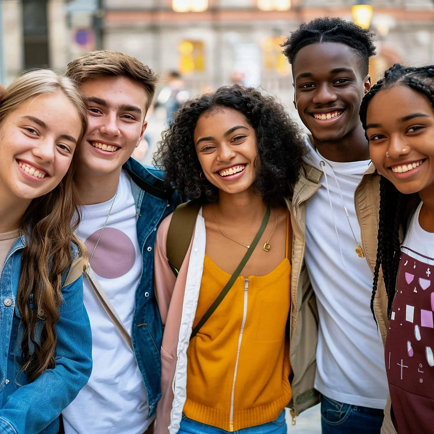 Levine Orthodontics captures a group of five casually dressed young adults outdoors in Lehigh Acres, FL, smiling at the camera. One proudly shows off their braces as they enjoy each other's company.