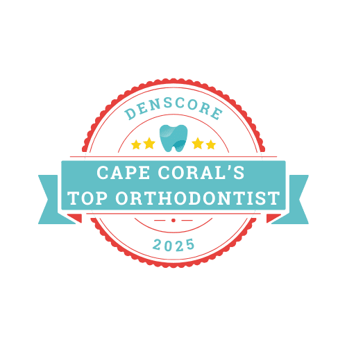 Featuring a circular badge with a tooth icon, stars, and a blue ribbon accented in red and yellow, the text "Denscore Cape Coral's Top Orthodontist 2025" highlights Levine Orthodontics in Cape Coral, FL.