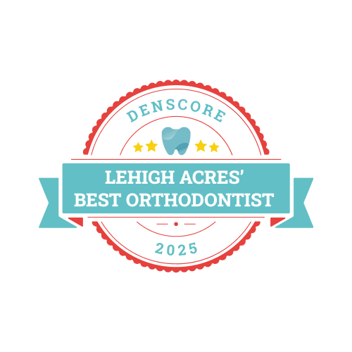 A circular badge at Levine Orthodontics in Fort Myers, Cape Coral or Lehigh Acres, FL reads "Lehigh Acres' Best Orthodontist 2025," featuring a tooth icon and "Denscore" at the top with three stars above the banner.