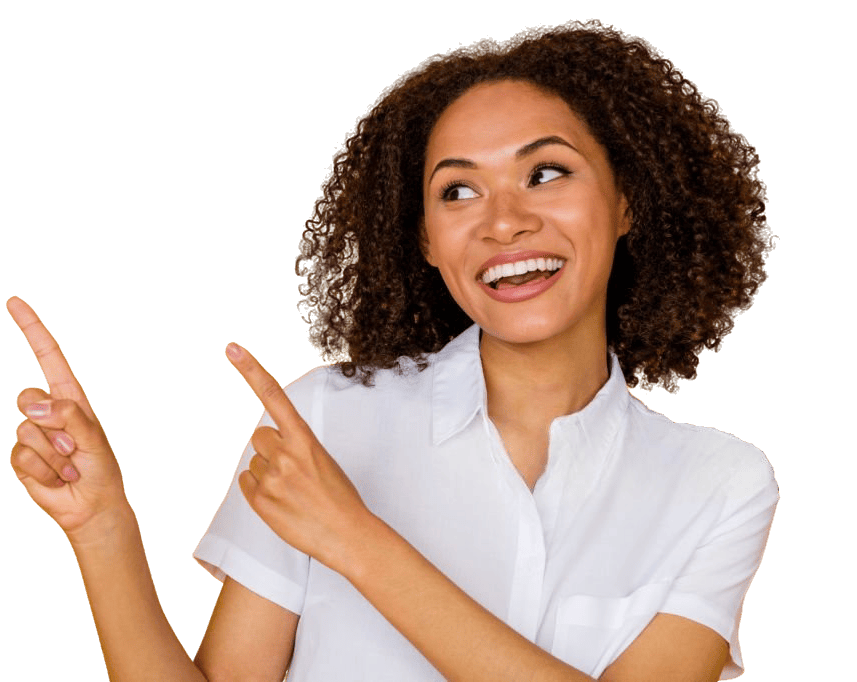 A woman with curly hair in a white shirt smiles and points to her left, showcasing Levine Orthodontics, the top choice for anyone seeking an orthodontist in Fort Myers, Cape Coral, or Lehigh Acres, FL.