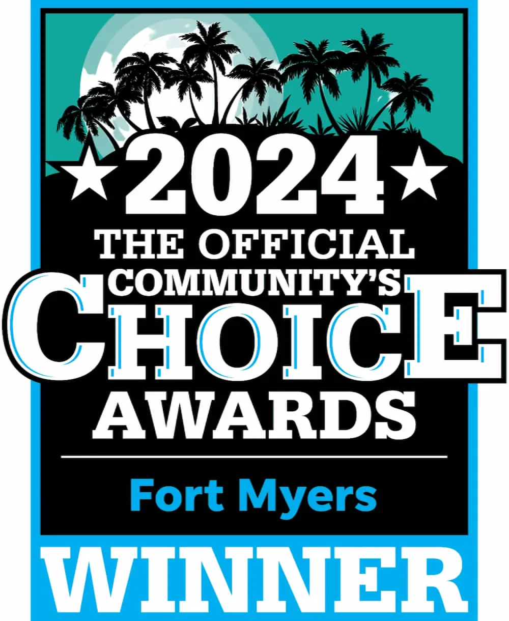 Your Choice Awards Logo A graphic badge for Levine Orthodontics in Fort Myers, Cape Coral or Lehigh Acres, FL reads "2024 Community's Choice Awards Winner" with a palm tree silhouette and blue background.