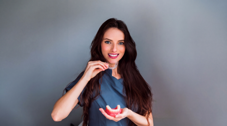 a woman smiling and holding invisalign clear aligners in front of a gray background - How Long Does Invisalign Take in Fort Myers, Cape Coral, and Lehigh Acres, FL